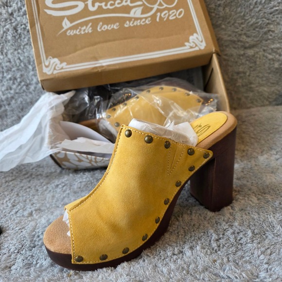 NEW Sbicca Gold Wood Platform Leather Upper Studded Clog Heel Mules Size 10 - Picture 2 of 5